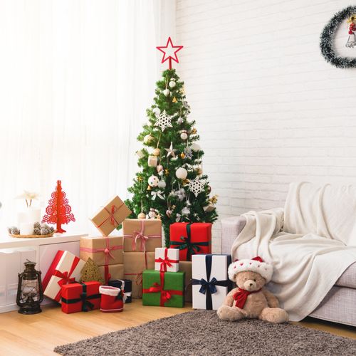 Sapin De Noël Artificiel éclairé 150 Cm - Branches PE/PVC Denses, Pied En Bois - Inclut Décorations Et Sac Rangement