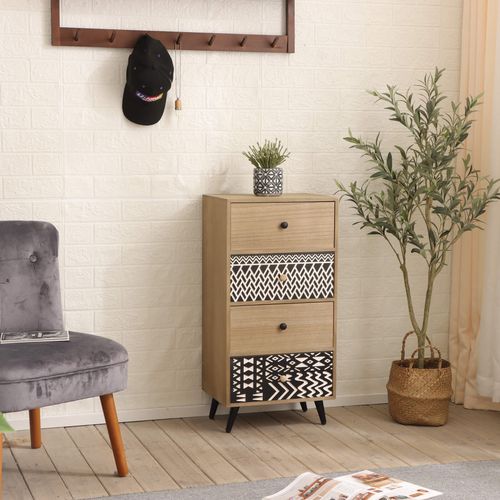 Commode 4 Tiroirs Style Bohème – Pieds Dorés, Rangement Spacieux – Parfaite Pour Chambre, Salon Ou Entrée