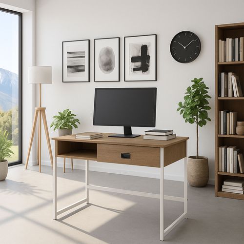 Otari - Bureau Style Industriel Oak Avec Tiroir Et Niche Ouverte, 110x50xh76 Cm