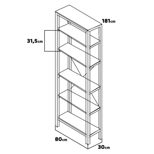 Ganbaru - Bibliothèque Étagères 6 Niveaux 80x30xh180 Cm Style Industriel Oak