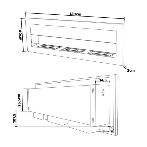 Traiano - Cheminée à Bioéthanol Encastrable 120 × H40 Cm, Bio-cheminée Blanche