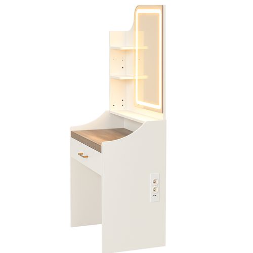 Afrodite - Coiffeuse Avec Lumière LED, Tiroir, 3 Étagères Et Prises, En Bois Blanc