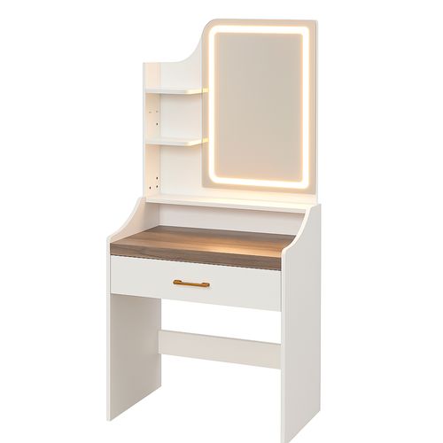 Afrodite - Coiffeuse Avec Lumière LED, Tiroir, 3 Étagères Et Prises, En Bois Blanc