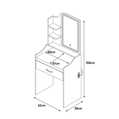 Afrodite - Coiffeuse Avec Lumière LED, Tiroir, 3 Étagères Et Prises, En Bois Blanc