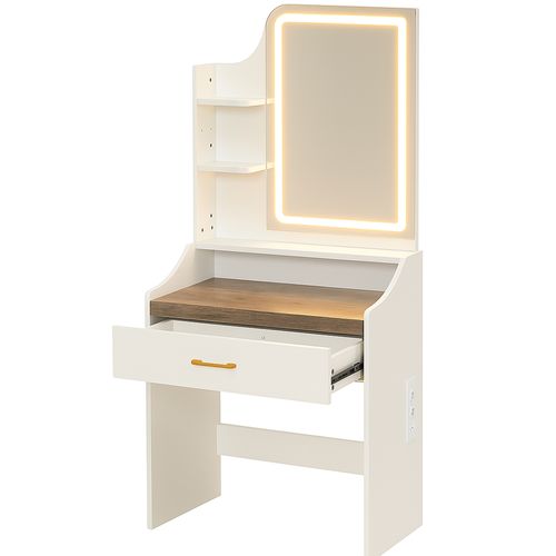 Afrodite - Coiffeuse Avec Lumière LED, Tiroir, 3 Étagères Et Prises, En Bois Blanc