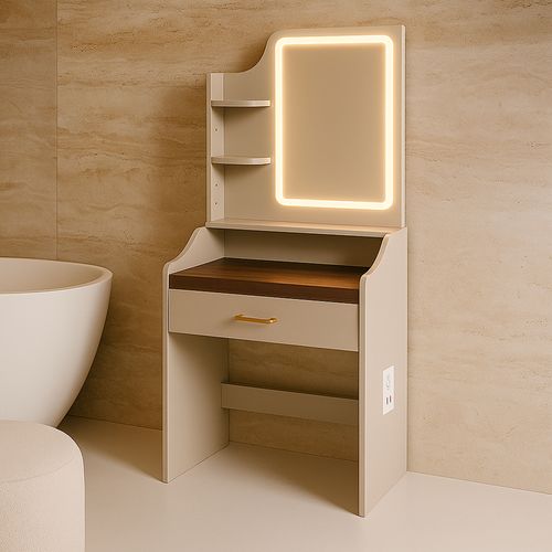 Afrodite - Coiffeuse Avec Lumière LED, Tiroir, 3 Étagères Et Prises, En Bois Taupe
