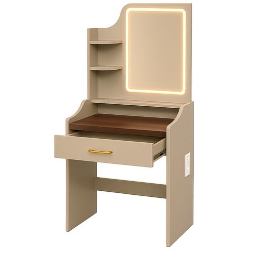 Afrodite - Coiffeuse Avec Lumière LED, Tiroir, 3 Étagères Et Prises, En Bois Taupe