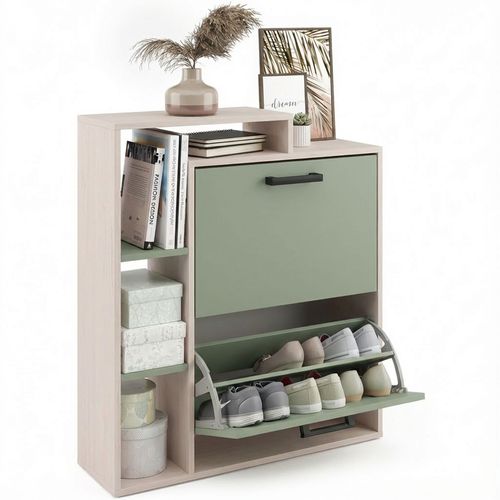 Sena - Meuble à Chaussures 2 Portes 80x90x24,5 Cm, 12 Paires Sauge