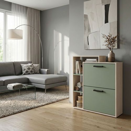 Sena - Meuble à Chaussures 2 Portes 80x90x24,5 Cm, 12 Paires Sauge