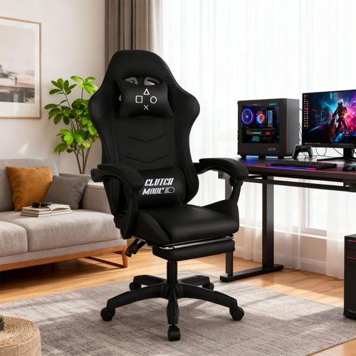 Clutch - Chaise De Gaming Ergonomique Avec Coussin Lombaire, Appuie-tête Et Repose-pieds En Pvc Noir