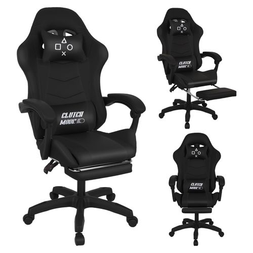 Clutch - Chaise De Gaming Ergonomique Avec Coussin Lombaire, Appuie-tête Et Repose-pieds En Pvc Noir