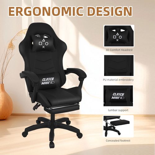 Clutch - Chaise De Gaming Ergonomique Avec Coussin Lombaire, Appuie-tête Et Repose-pieds En Pvc Noir
