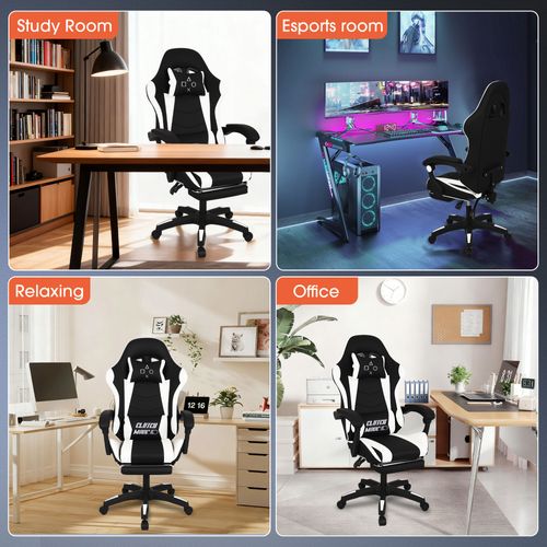 Clutch - Chaise De Gaming Ergonomique Avec Coussin Lombaire, Repose-pieds En Pvc Noir Et Blanc