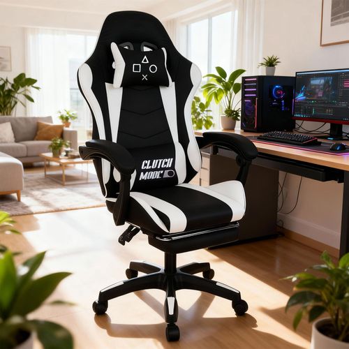 Clutch - Chaise De Gaming Ergonomique Avec Coussin Lombaire, Repose-pieds En Pvc Noir Et Blanc