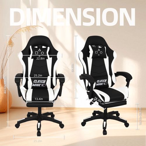 Clutch - Chaise De Gaming Ergonomique Avec Coussin Lombaire, Repose-pieds En Pvc Noir Et Blanc