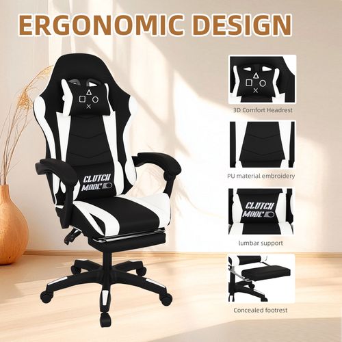 Clutch - Chaise De Gaming Ergonomique Avec Coussin Lombaire, Repose-pieds En Pvc Noir Et Blanc