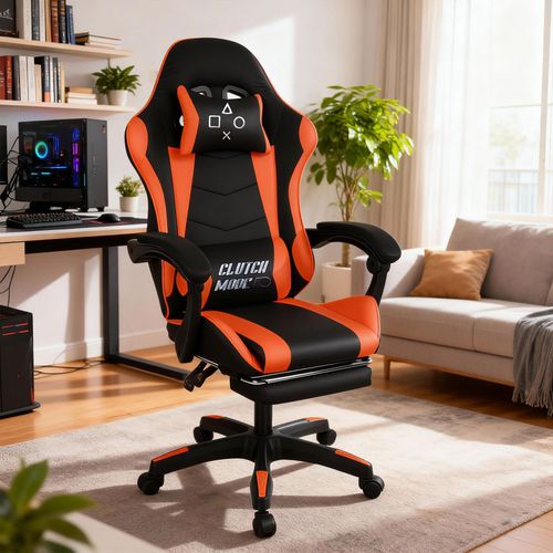 Clutch - Chaise De Gaming Ergonomique Avec Coussin Lombaire, Repose-pieds En Pvc Noir Et Rouge