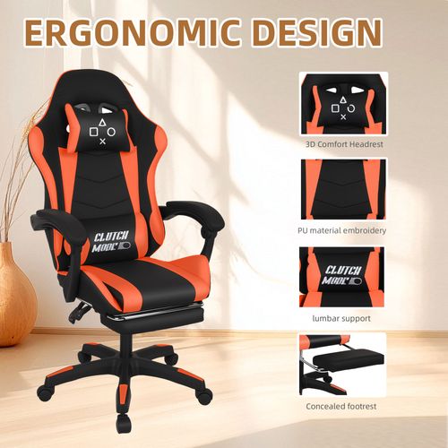 Clutch - Chaise De Gaming Ergonomique Avec Coussin Lombaire, Repose-pieds En Pvc Noir Et Rouge
