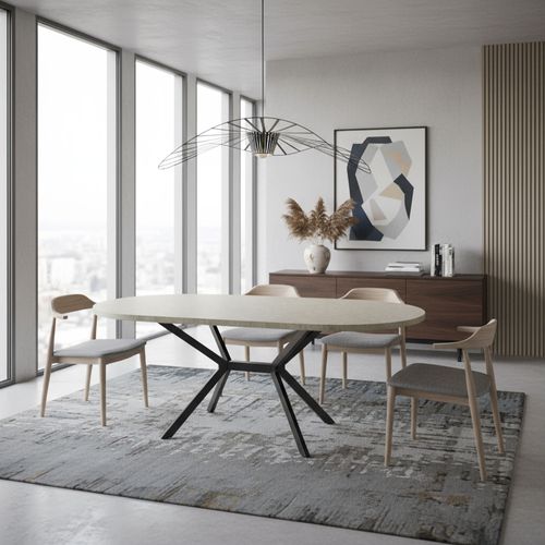 Marui Big - Table De Salle à Manger Ovale 180x100 Cm En Bois Texturé Avec Pied Central En Métal Ashi