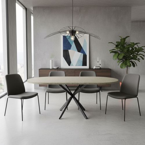 Marui Big - Table De Salle à Manger Ovale 180x100 Cm En Bois Texturé Avec Pied Central En Métal Kiso
