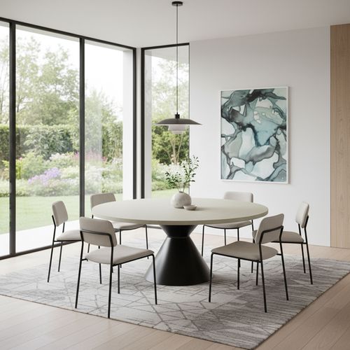 Graal Black - Table Ronde Ø120 Cm Base Double Cône En Métal Plateau En Bois Gris Texturé