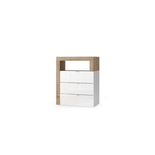 Commode Bicolore En Blanc Brillant Et Chêne De Cadix