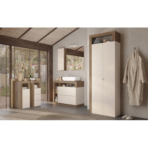 Commode 3 Tiroirs Bicolore : Bois Foncé - Mercure Et Cachemire - Beige
