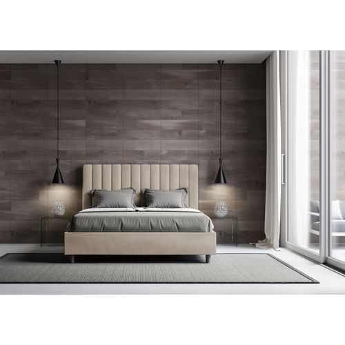 Lit Double Coffre Rembourré 140x190 Microfibre Sable Agueda