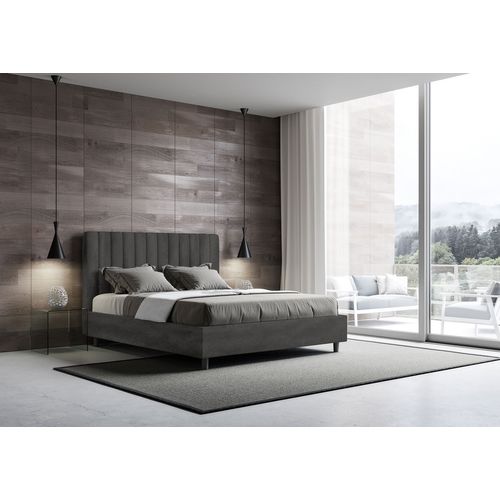 Lit Double Coffre Rembourré 140x190 Microfibre Gris Agueda