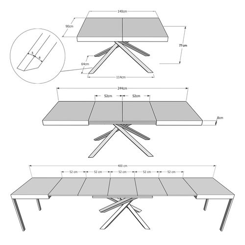 Table Extensible 90x140/400 Cm Karida Chêne Nature Pieds Blancs