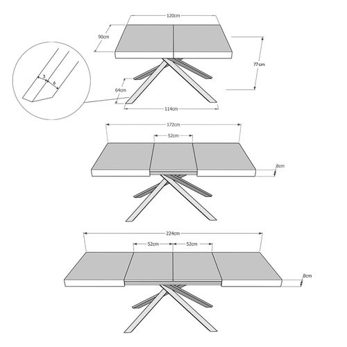 Table Extensible 90x120/224 Cm Karida Gris Béton Pieds Anthracite