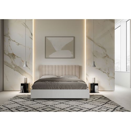 Lit Coffre 160x200 Structure Frêne Blanc Tête De Lit Microfibre Sable Kaia