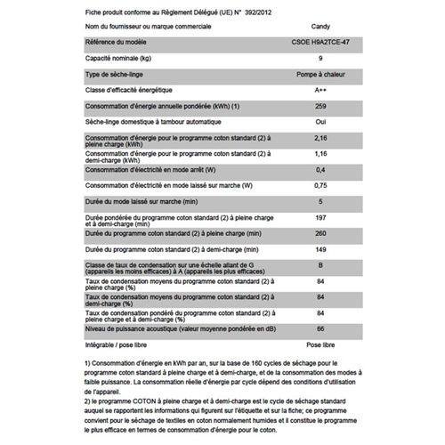 Seche-linge Pompe à Chaleur  Csoe H9a2tce-47 - 9 Kg - Connecté - Blanc