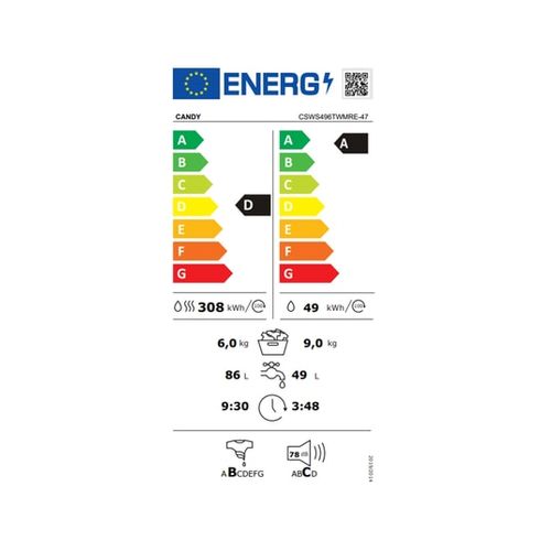 Lave-linge Séchant  Csws496twmre/fr - 9 / 6  Kg - Induction - 1400 Trs/min - Classe à - Blanc