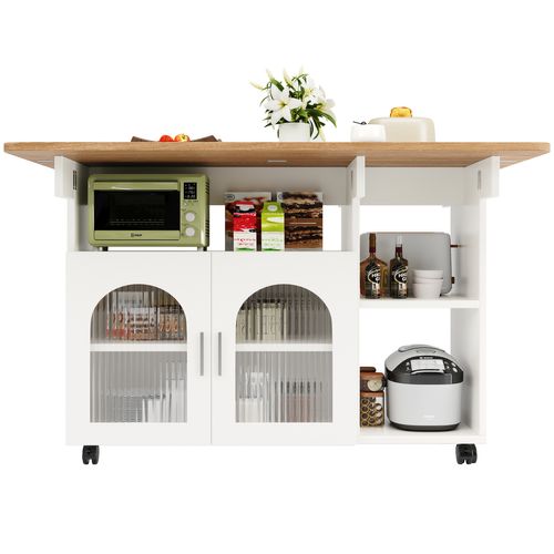 Buffet 120×30×79,5cm, Meuble De Cuisine Moderne, Plateau De Table Pliant, Avec Roulettes, Mdf, Blanc