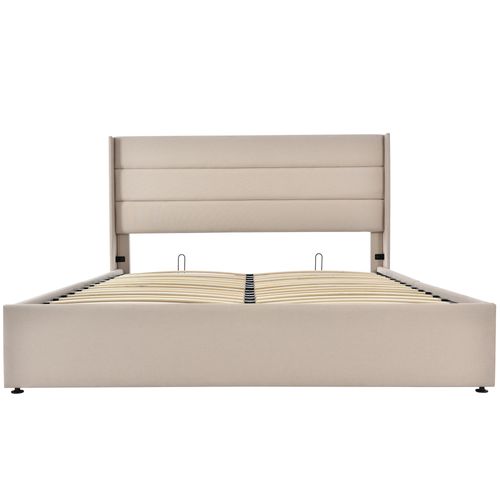 Lit Adulte Lit Double Coffre Hydraulique 140x200 Cm En Métal Et Lin - Beige