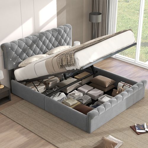 Lit Coffre 180x200 Cm Avec Tête De Lit Réglable En Hauteur, Velours, Gris