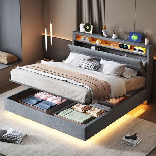 Lit Coffre Lit Double LED 160x200 Cm, Tête De Lit Réversible, Prise USB, Lin, Gris