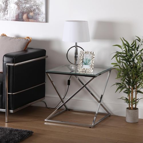 Table D'appoint Pour Le Salon, La Chambre Ou La Cuisine Trento 51x51x51cm,verre Et Métal, Argenté
