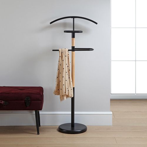 Valet De Chambre Multifonctionnel Avec 2 Perchoirs Holstebro 46,5x28,8x112cm,métal Et Bois, Noir