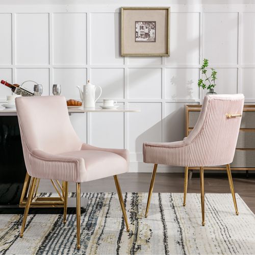2 Chaises Rembourrées Roses Avec Dossiers Rayés Et Pieds En Métal Doré, Salon,51x58x87cm