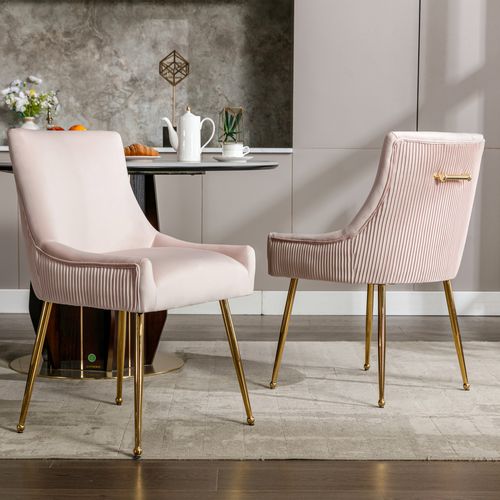 2 Chaises Rembourrées Roses Avec Dossiers Rayés Et Pieds En Métal Doré, Salon,51x58x87cm