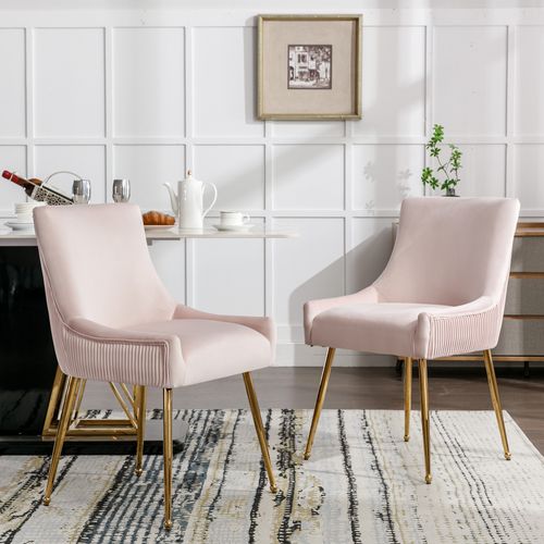 2 Chaises Rembourrées Roses Avec Dossiers Rayés Et Pieds En Métal Doré, Salon,51x58x87cm