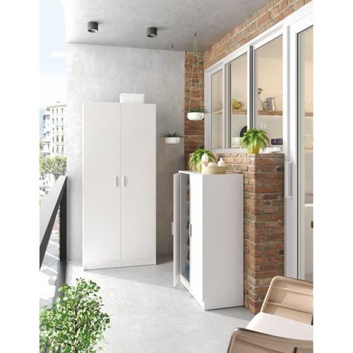 Meuble à Chaussures Basic 2 Portes + 6 Étagères - Mélaminé Blanc - 30 Paires - L75 X P36 X H101 Cm
