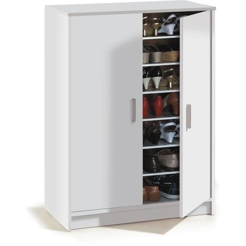 Meuble à Chaussures Basic 2 Portes + 6 Étagères - Mélaminé Blanc - 30 Paires - L75 X P36 X H101 Cm