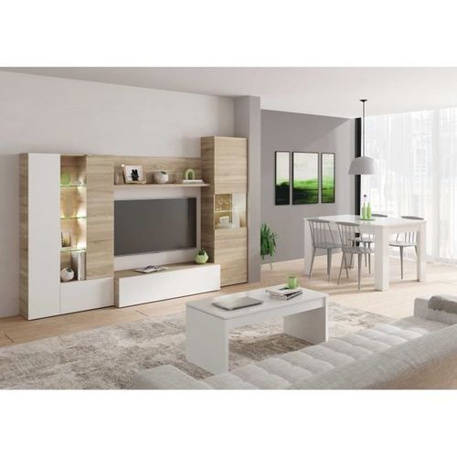 Essencial Meuble TV Avec LED Classique - Blanc Brillant Et Décor Chêne - L 260 Cm