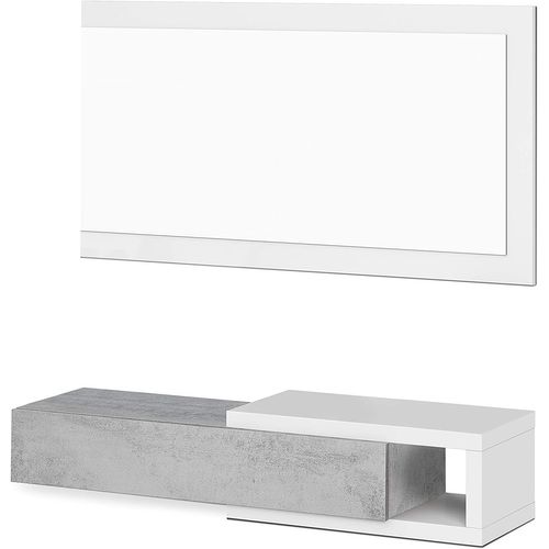 Meuble D'entrée Reversible 1 Tiroir + Miroir 95 X 26 X 19 Cm Béton-blanc Artik