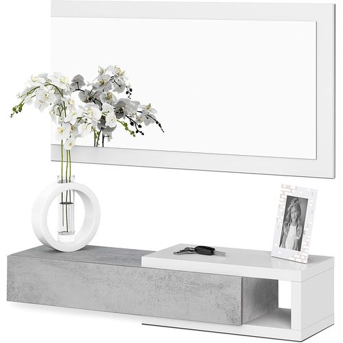 Meuble D'entrée Reversible 1 Tiroir + Miroir 95 X 26 X 19 Cm Béton-blanc Artik