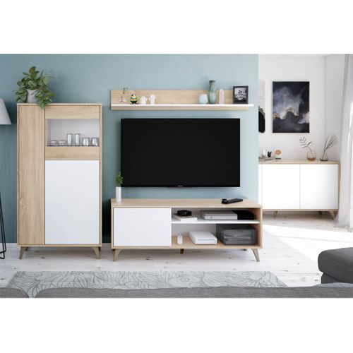 Meuble TV Laura 2 Niches, 1 Porte Et Étagère Murale L135cm -  Blanc / Bois