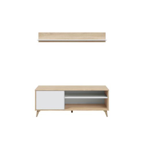 Meuble TV Laura 2 Niches, 1 Porte Et Étagère Murale L135cm -  Blanc / Bois